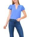 Cece Split Neck Flutter Sleeve Top In Blue