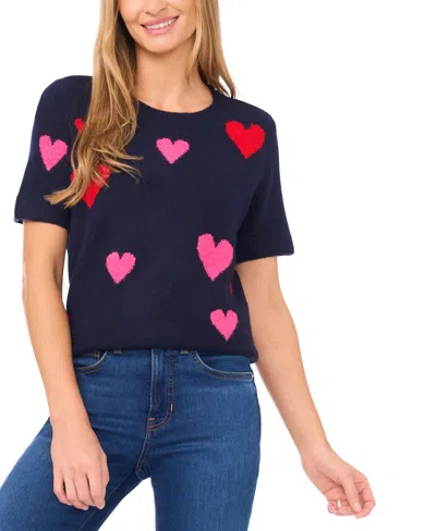CECE WOMEN'S SHORT-SLEEVE ALL OVER HEART SWEATER