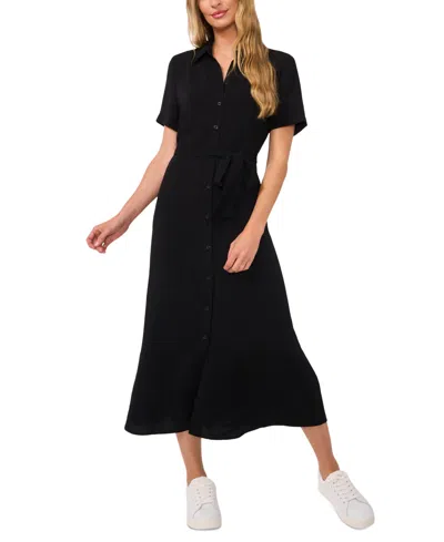 Cece Women's Short-sleeve Belted Midi Shirtdress In Rich Black
