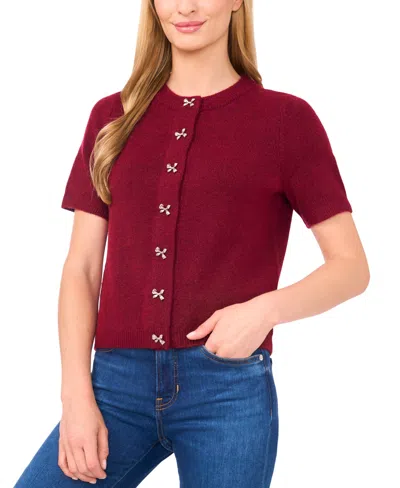 Cece Women's Short Sleeve Bow Button Cardigan Sweater In Red