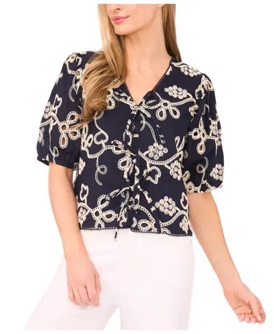 CECE WOMEN'S SHORT SLEEVE OPEN TIE FRONT EMBROIDERED TOP