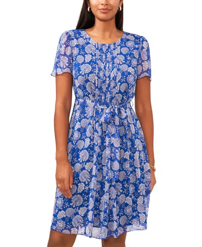 Cece Belted Floral Pintuck Pleat Chiffon Dress In Multi