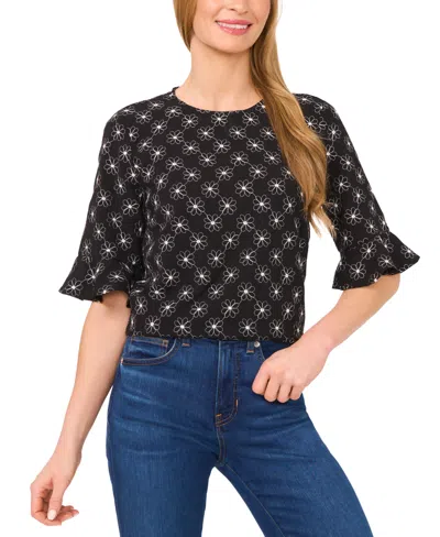 Cece Women's Short Sleeve Ruffle Cuff Crew Neck Top In Black