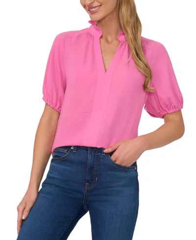CECE WOMEN'S SHORT SLEEVE RUFFLE NECK RAGLAN SPLIT NECK BLOUSE