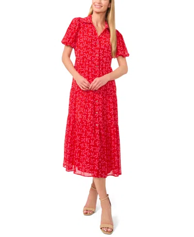 Cece Women's Bow-print Short-sleeve Tiered Maxi Shirt Dress In Scarlet Glow
