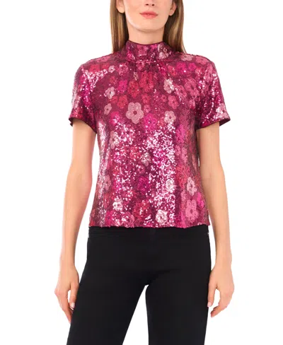 Cece Sequin Flower Mock Neck Top In Pink