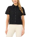 Cece Eyelet Short Sleeve Collared Button Down Top In Black