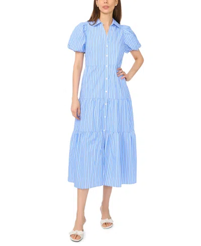 Cece Women's Short-sleeve Collared Midi Tiered Cotton Shirt Dress In Blue