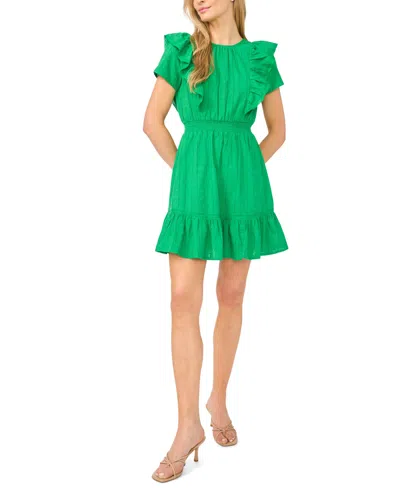 Cece Women's Short-sleeve Crewneck Ruffle-front Cotton Mini Dress In Green