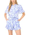 Cece Womens Cropped Button Down Shirt Pull On Shorts In Blue