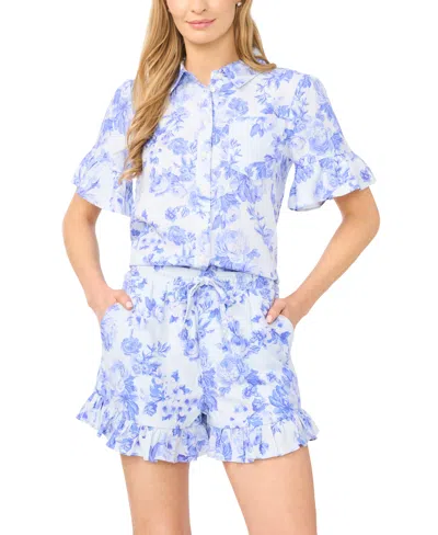 Cece Women's Short-sleeve Cropped Button-down Shirt In Blue