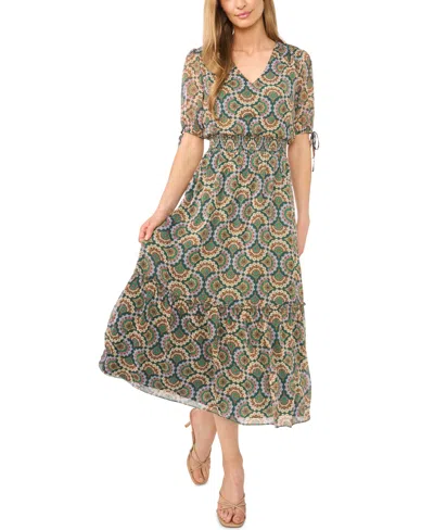 Cece Women's Short-sleeve V-neck Smocked-waist Midi Dress In Green