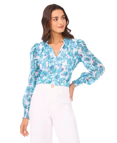 Cece Women's Smocked Cuff Ruffle Long-sleeve Blouse In Blue