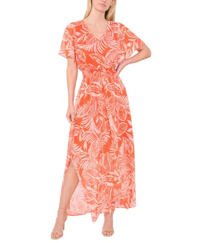 Cece Women's Tropical-print Smocked-waist Flutter-sleeve Maxi Dress In Tiger Lily