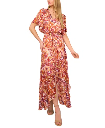 CECE WOMEN'S SMOCKED WAIST FLUTTER SLEEVE MAXI DRESS