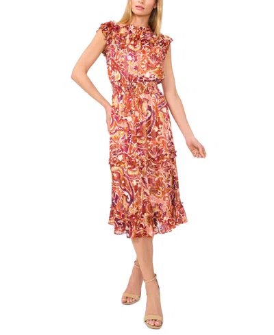 CECE WOMEN'S SMOCKED-WAIST RUFFLE-TRIM MIDI DRESS