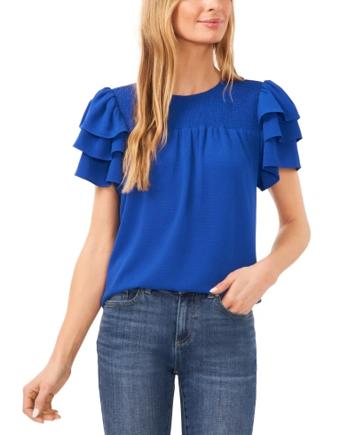 Cece Women's Smocked Yoke Tiered Flutter-sleeve Blouse In Deep Royal Blue