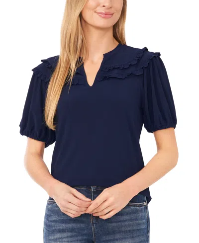 Cece Women's Solid Ruffled Yoke Split Neck Knit Top In Navy J