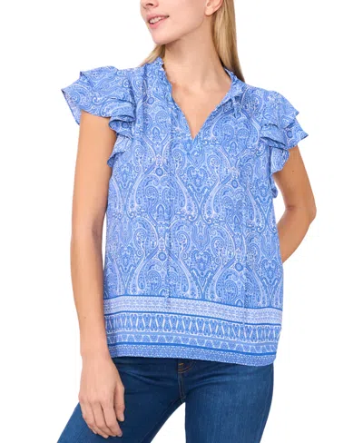 Cece Women's Split-neck Double-ruffle Sleeve Blouse In Spa Blue