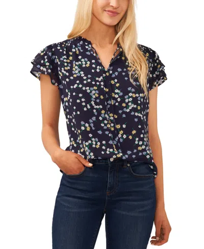 Cece Women's Split-neck Flutter-sleeve Printed Blouse In Navy J