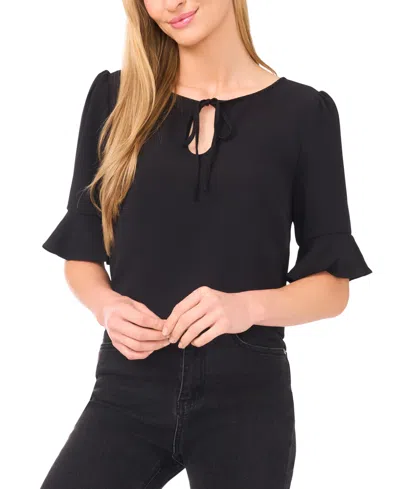 Cece Women's Split Tie Neck Ruffle Cuff 3/4-sleeve Top In Black