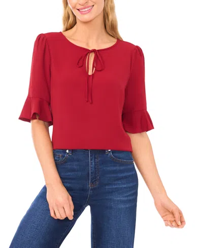 Cece Women's Split Tie Neck Ruffle Cuff 3/4-sleeve Top In Red