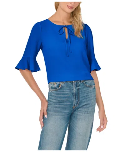 Cece Women's Split Tie Neck Ruffle Cuff 3/4-sleeve Top In Blue