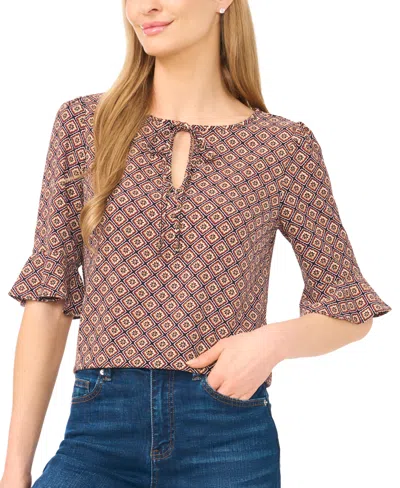 Cece Women's Split Tie-neck Ruffle-cuff 3/4-sleeve Top In Brown