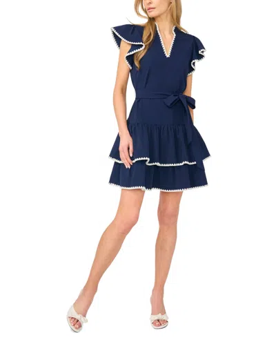 Cece Women's Split V-neck Short-sleeve Tiered Mini Dress In Blue