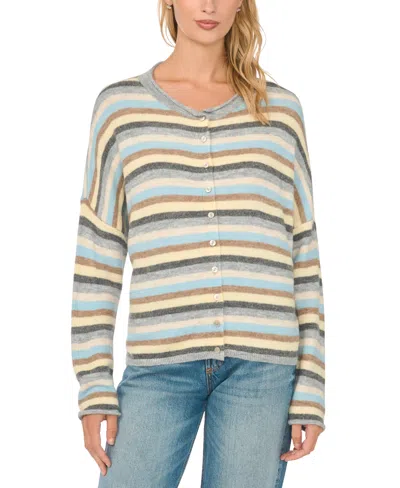 Cece Women's Striped Crewneck Long-sleeve Cardigan Sweater In Gray