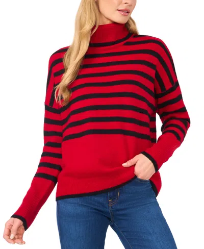 Cece Women's Striped Long Sleeve Turtleneck Sweater In Glamour Red