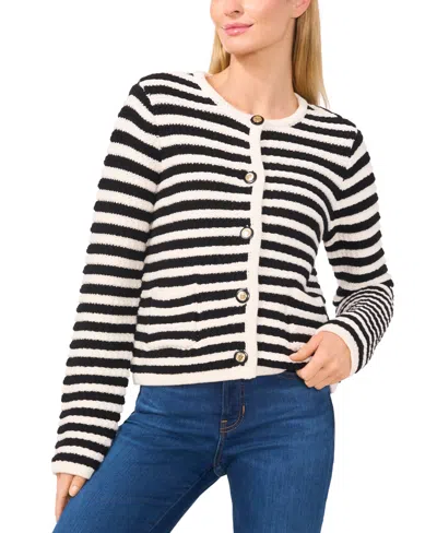 Cece Women's Striped Patch-pocket Cardigan Sweater In Antique White