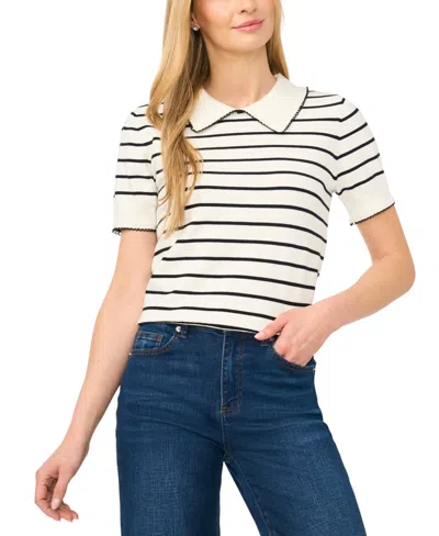 Cece Stripe Contrast Trim Collared Top In White