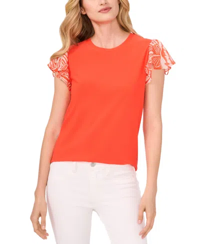 Cece Mixed Media Flutter Sleeve Knit Top In Tigerlily Red