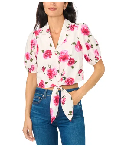 Cece Women's Tie Front Puff Sleeve Floral-print Blouse In White