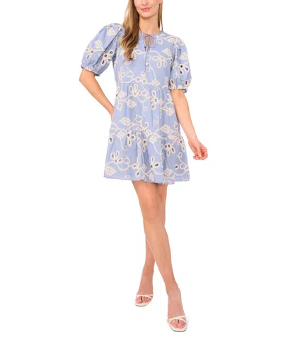 Cece Women's Tie-neck Embroidered Tiered Short-sleeve Dress In Multi