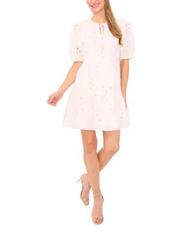 Cece Women's Tie-neck Embroidered Tiered Short-sleeve Dress In White