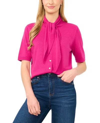 Cece Tie Neck Short Sleeve Cardigan In Pink