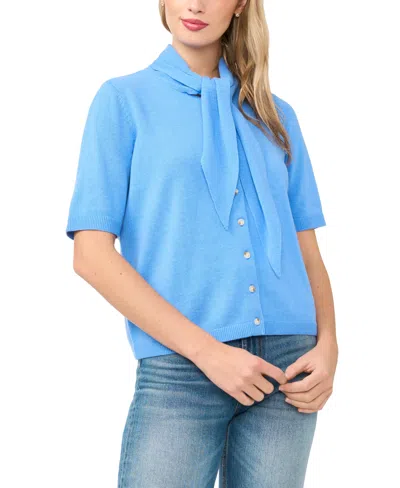 Cece Tie Neck Short Sleeve Cardigan In Blue