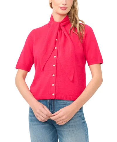 Cece Tie Neck Short Sleeve Cardigan In Red