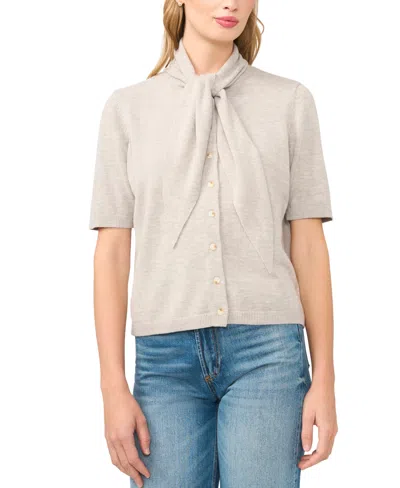 Cece Tie Neck Short Sleeve Cardigan In Gray