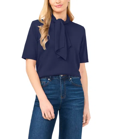Cece Tie Neck Short Sleeve Sweater In Blue