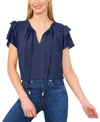 Cece Tie Neck Flutter Sleeve Top In Blue
