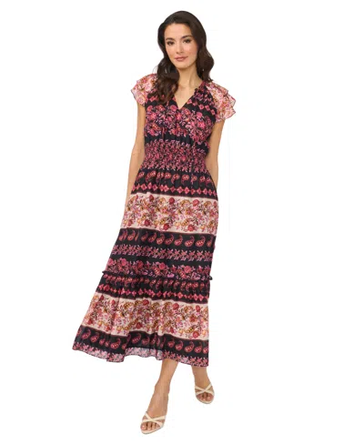 CECE WOMEN'S TIE-NECK SMOCKED WAIST PRINTED DRESS