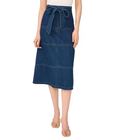 Cece Denim Belted Midi Skirt In Blue