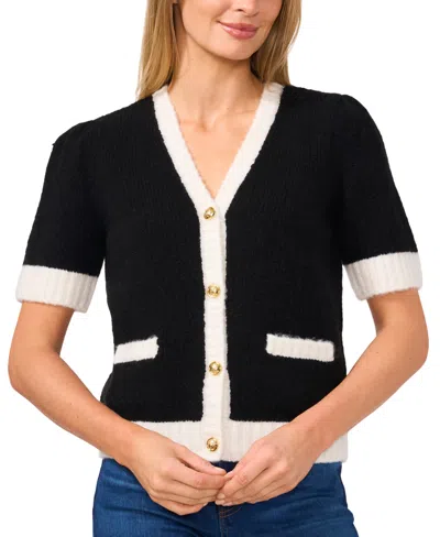 Cece Women's Tipped Short-sleeve Cardigan In Rich Black