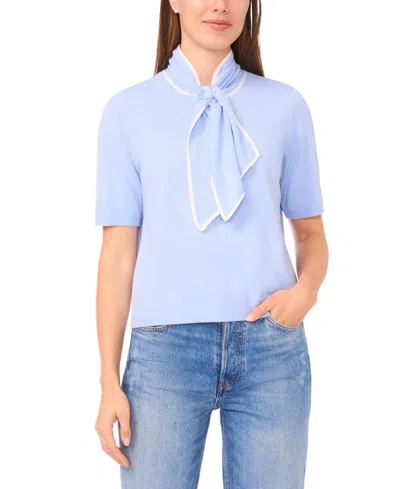 Cece Tipped Tie Neck Sweater In Blue