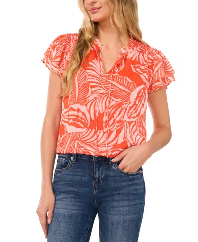 Cece Women's Tropical Tie-neck Flutter-sleeve Blouse In Tiger Lily