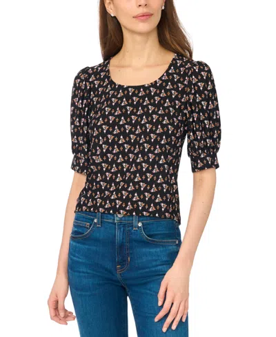 Cece Women's Tulip Crew Neck Shirred Short-sleeve Blouse In Black