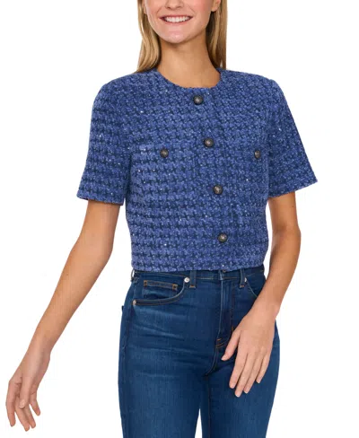 Cece Women's Tweed Short-sleeve Collarless Jacket In Ocean Blue